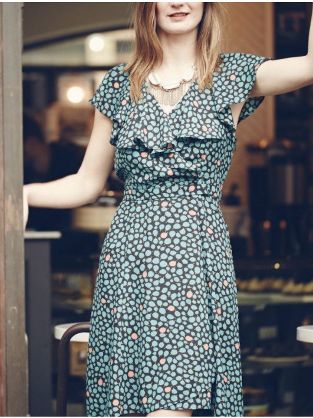 HD in Paris green print ruffle side tie dress
